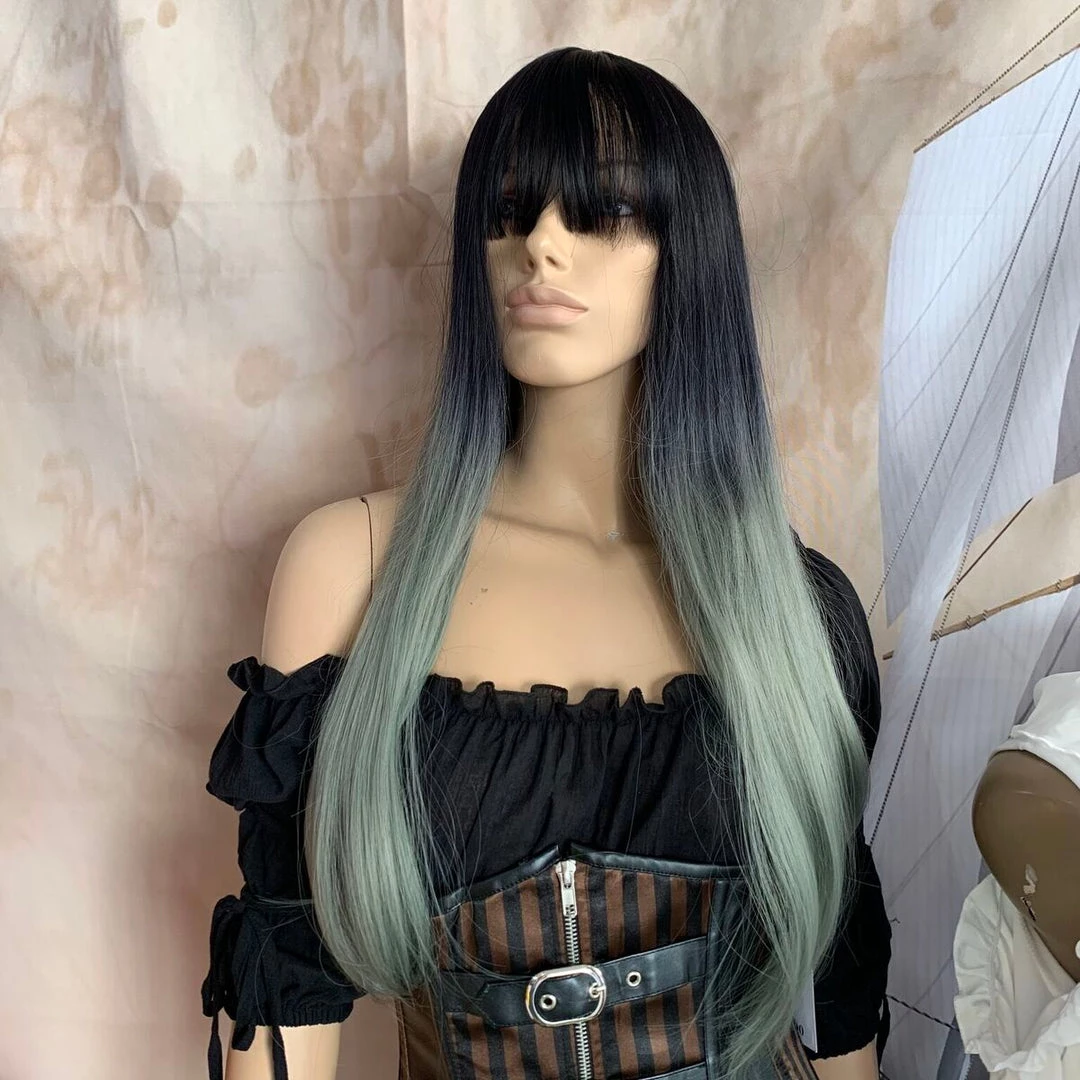 Bell's Wigs Deluxe Straight Ombre Black To Sage Silver Wig 5 Bell's Wigs Deluxe Straight Ombre Black To Sage Silver Wig