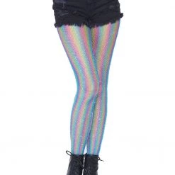 Leg Avenue Blue Shimmer Rainbow Striped Fishnet Tights Hosiery