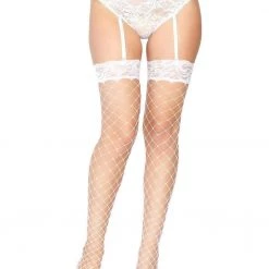 Leg Avenue White Lace Top Fence Net Thigh Highs