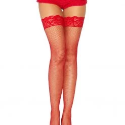 Leg Avenue Red Lace Top Fishnet Thigh Highs With Back Seam