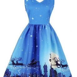 Malltop Blue Snow Scene Christmas Print Dress
