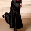 Malltop Black Satin Flared Maxi Skirt Women's