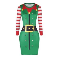 Malltop Christmas Costumes Printed Elf Bodycon Dress