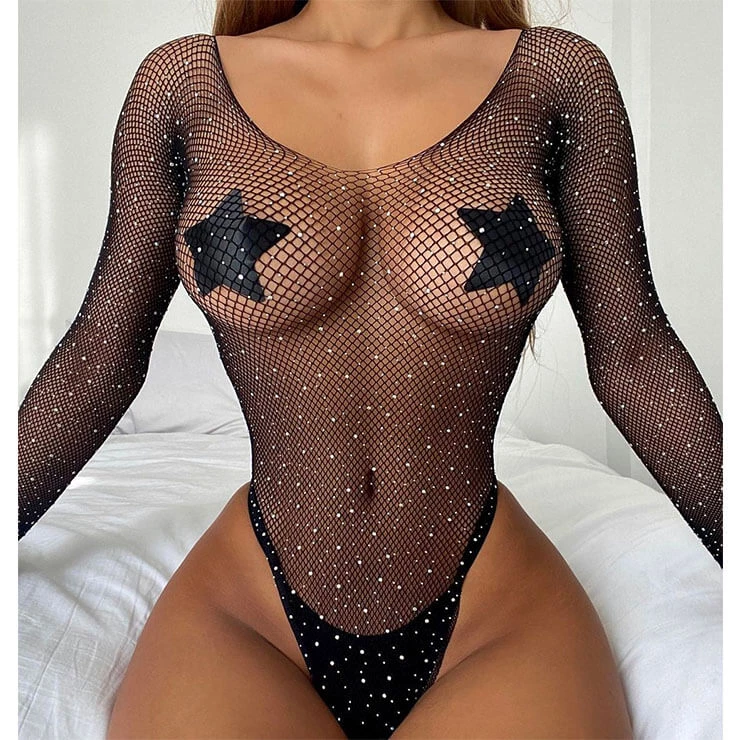 Malltop Black Fishnet Rhinestone Long Sleeved Bodysuit Bodysuits 3 Malltop Black Fishnet Rhinestone Long Sleeved Bodysuit Bodysuits