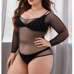 Malltop Plus Size Black Fishnet Rhinestone Bodysuit Bodysuits