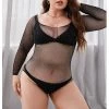 Malltop Plus Size Black Fishnet Rhinestone Bodysuit Bodysuits
