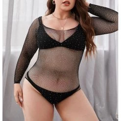 Malltop Plus Size Black Fishnet Rhinestone Bodysuit Bodysuits