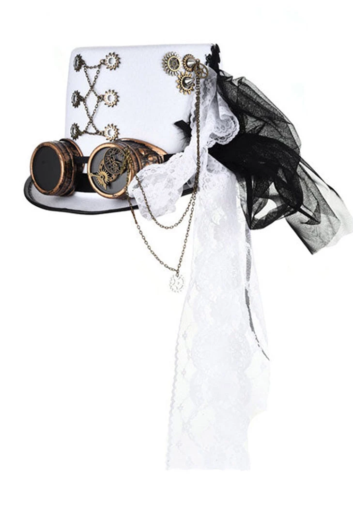Malltop White Lace Embellished Steampunk Hat With Goggles 3 Malltop White Lace Embellished Steampunk Hat With Goggles
