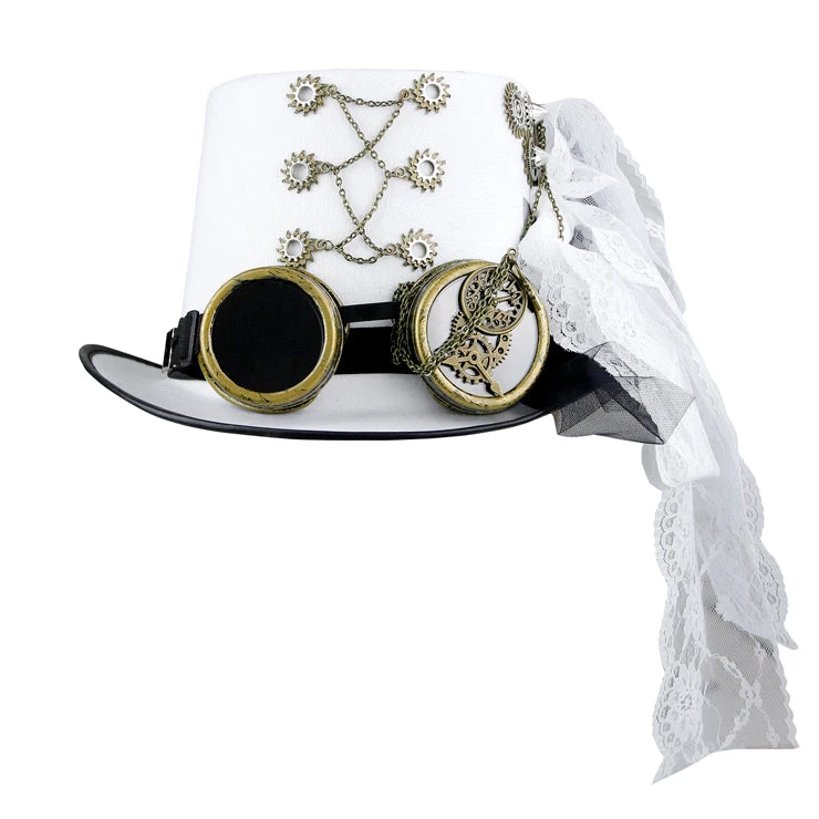 Malltop White Lace Embellished Steampunk Hat With Goggles 4 Malltop White Lace Embellished Steampunk Hat With Goggles