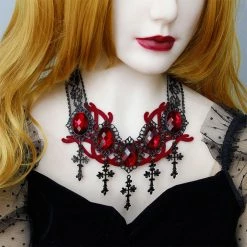 Malltop Chokers Red Gem & Cross Pendant Necklace (F)