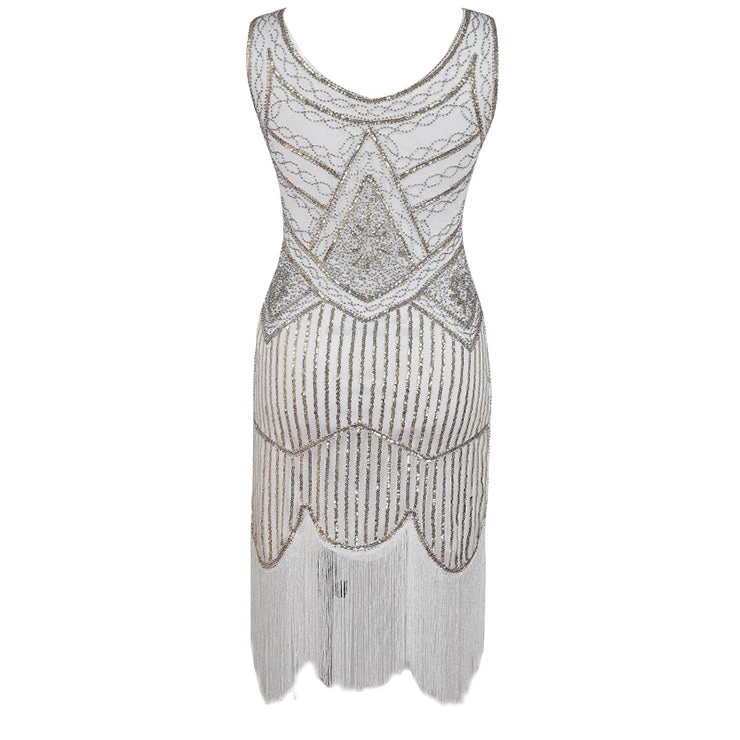 Hurly-Burly 1920's Great Gatsby White And Gold Beaded 1920's Gatsby Dress