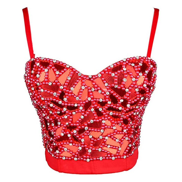 Malltop Sexy Red Sequins And Beads Bustier Crop Top Women's 3 Malltop Sexy Red Sequins And Beads Bustier Crop Top Women's