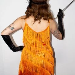 Moo Moo Orange Diagonal Fringe Sequined Flapper Dress