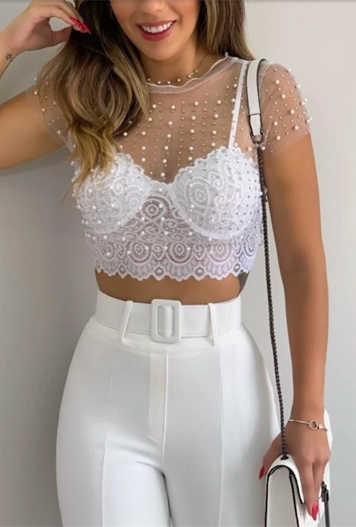 Global Lover Sheer Pearl Beaded Crop Top 3 Global Lover Sheer Pearl Beaded Crop Top