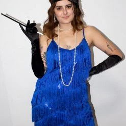 Moo Moo Royal Blue Diagonal Fringe Sequined Flapper Dress