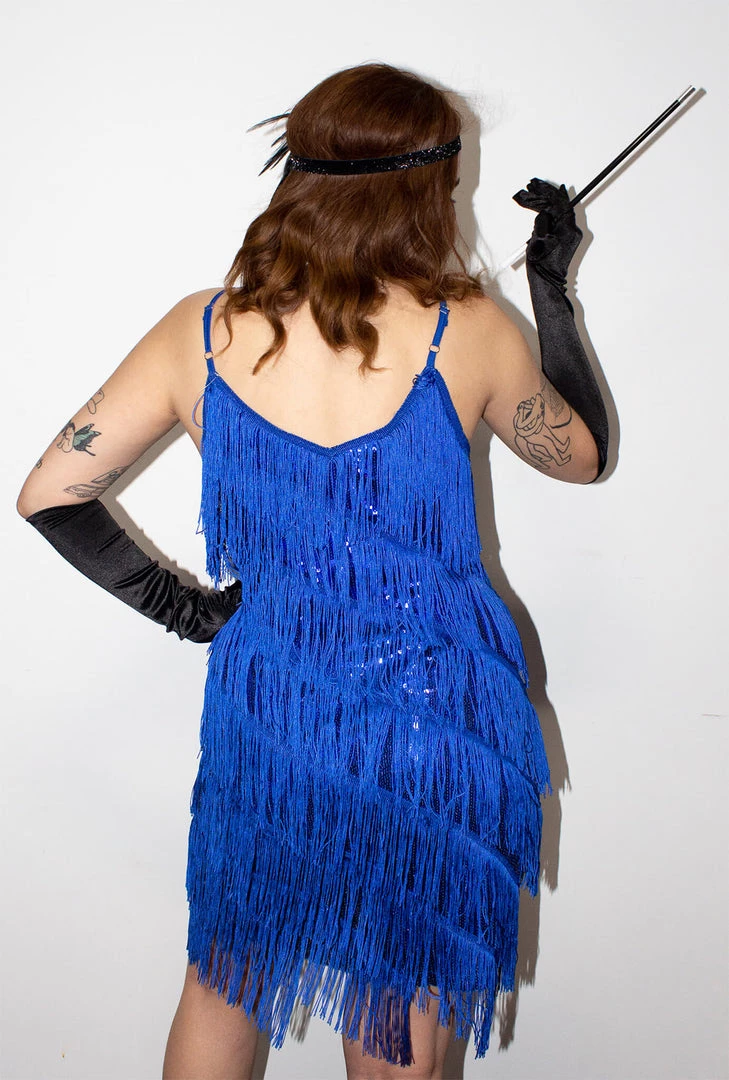 Moo Moo Royal Blue Diagonal Fringe Sequined Flapper Dress 5 Moo Moo Royal Blue Diagonal Fringe Sequined Flapper Dress