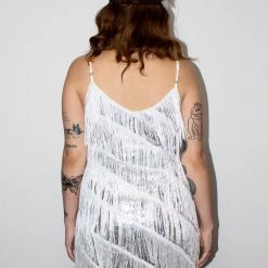 Moo Moo Adults White And Silver Diagonal Fringe Sequined Flapper Dress